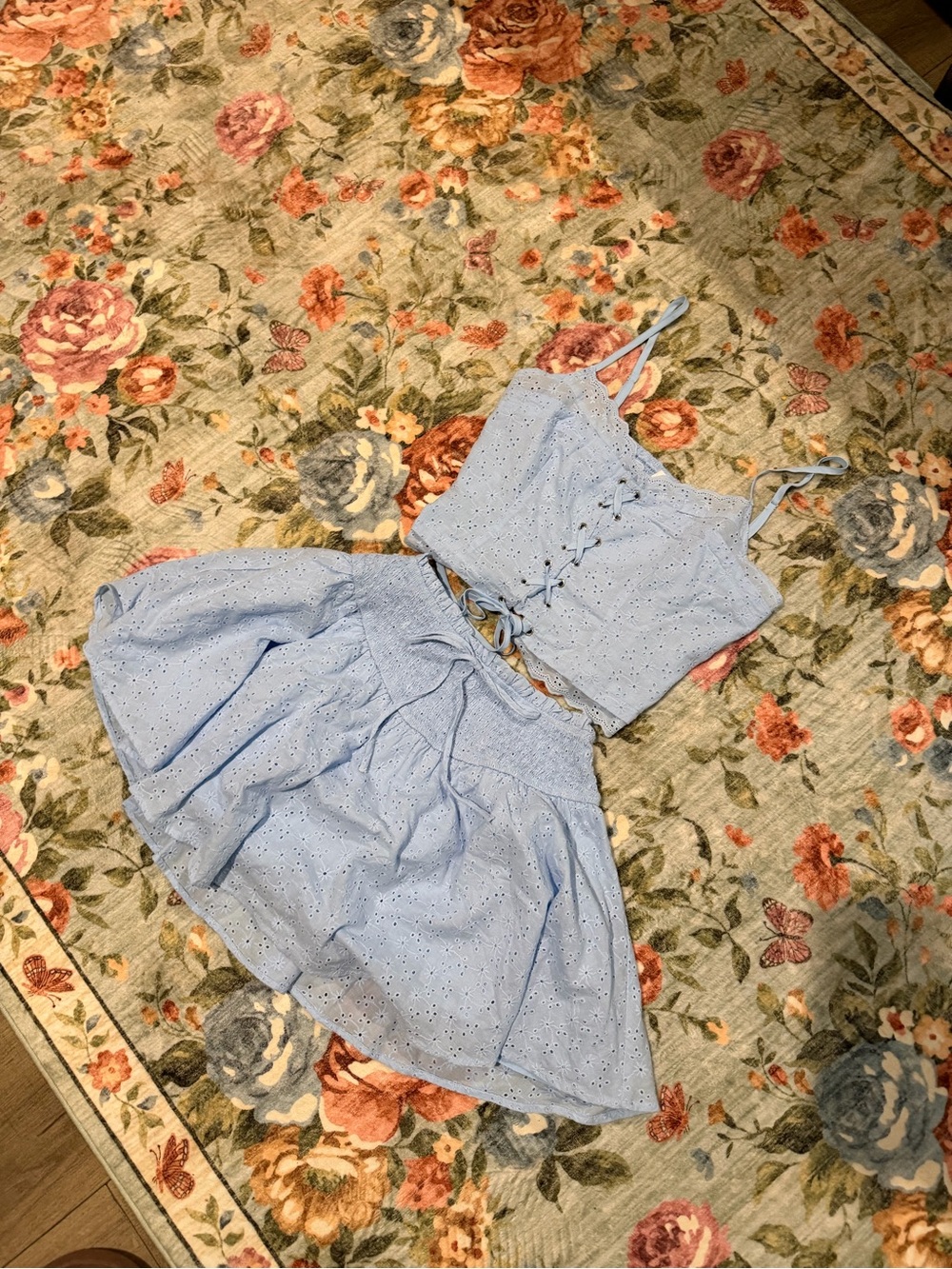 Light Blue Eyelet Two-Piece Skirt Set with Lace-Up Crop Top